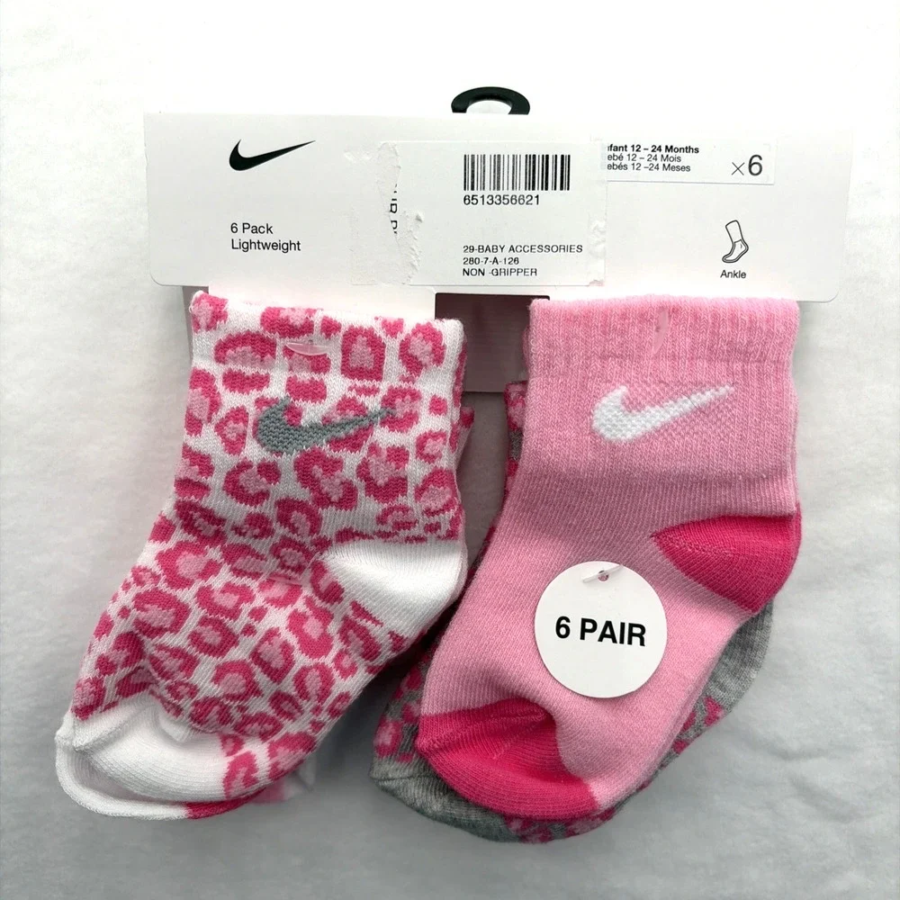 Nike Baby Girl Ankle Socks 12-24M Pink, White & Gray Leopard Print 6 Pairs NEW